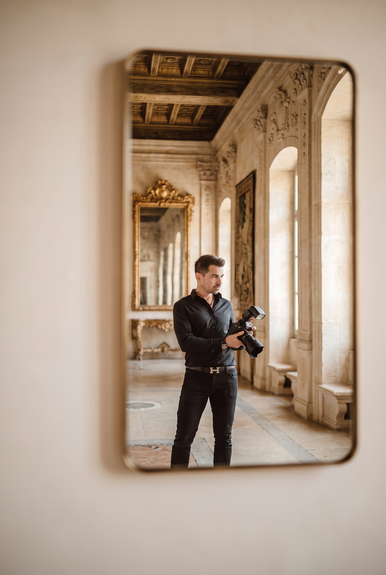 Plamen Blagoev reflected in a mirror inside an Italian castle venue, holding his camera
